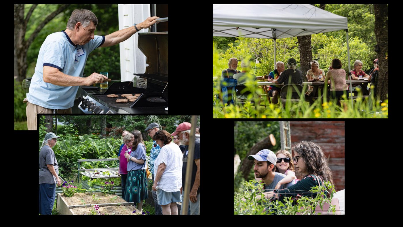 Community picnic scenes — grilling, dining under tents, and garden tour at New Braintree Progressive Community Picnic June 28 2026