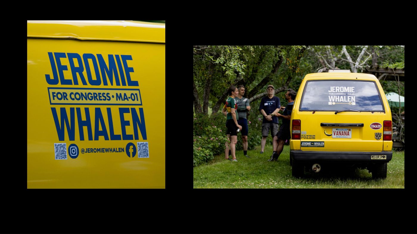 Jeromie Whalen for Congress campaign van and supporters at New Braintree Progressive Community Picnic June 28 2026